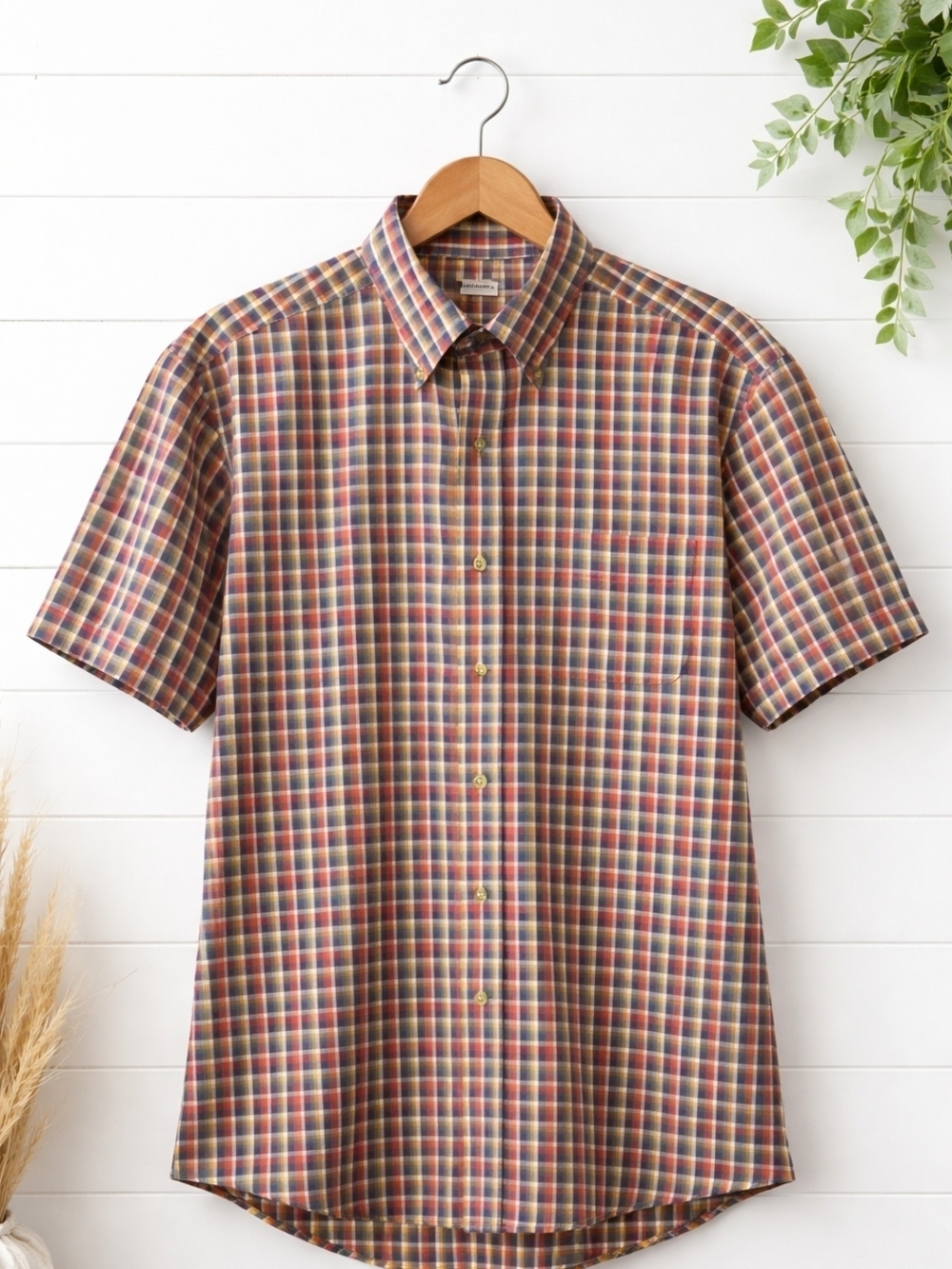 L.L. Bean Short-Sleeve Plaid Button-Down Shirt in Red, Brown and Blue